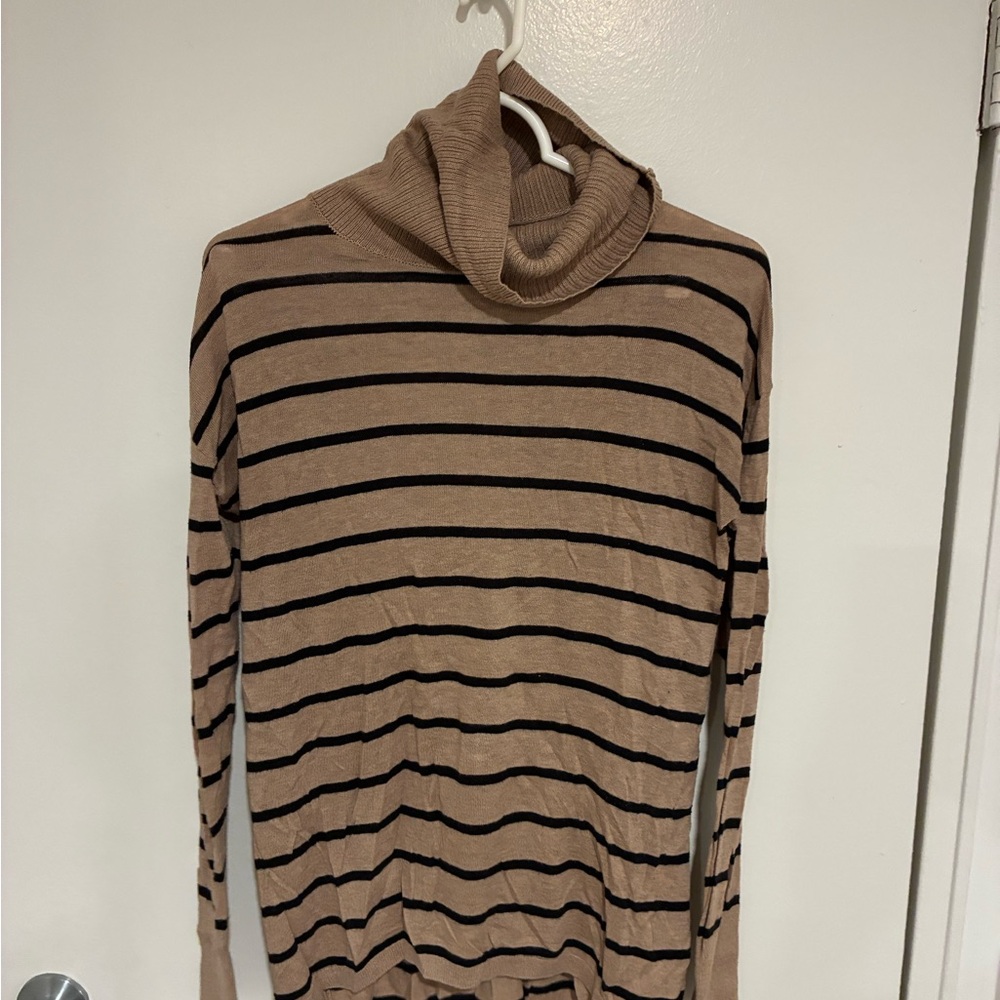 Halogen Tan and Black Striped Turtleneck Sweater